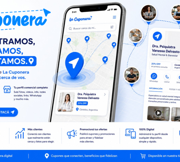 App La Cuponera mostrando la localización de tu negocio en el mapa, con ficha comercial y contacto directo