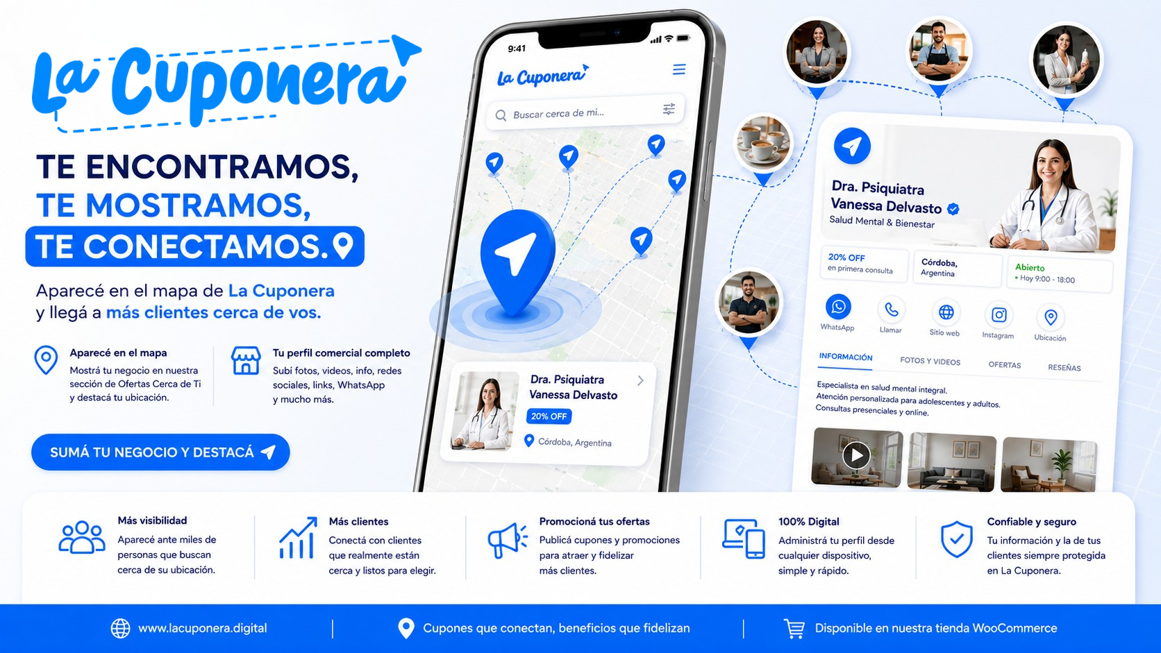 App La Cuponera mostrando la localización de tu negocio en el mapa, con ficha comercial y contacto directo